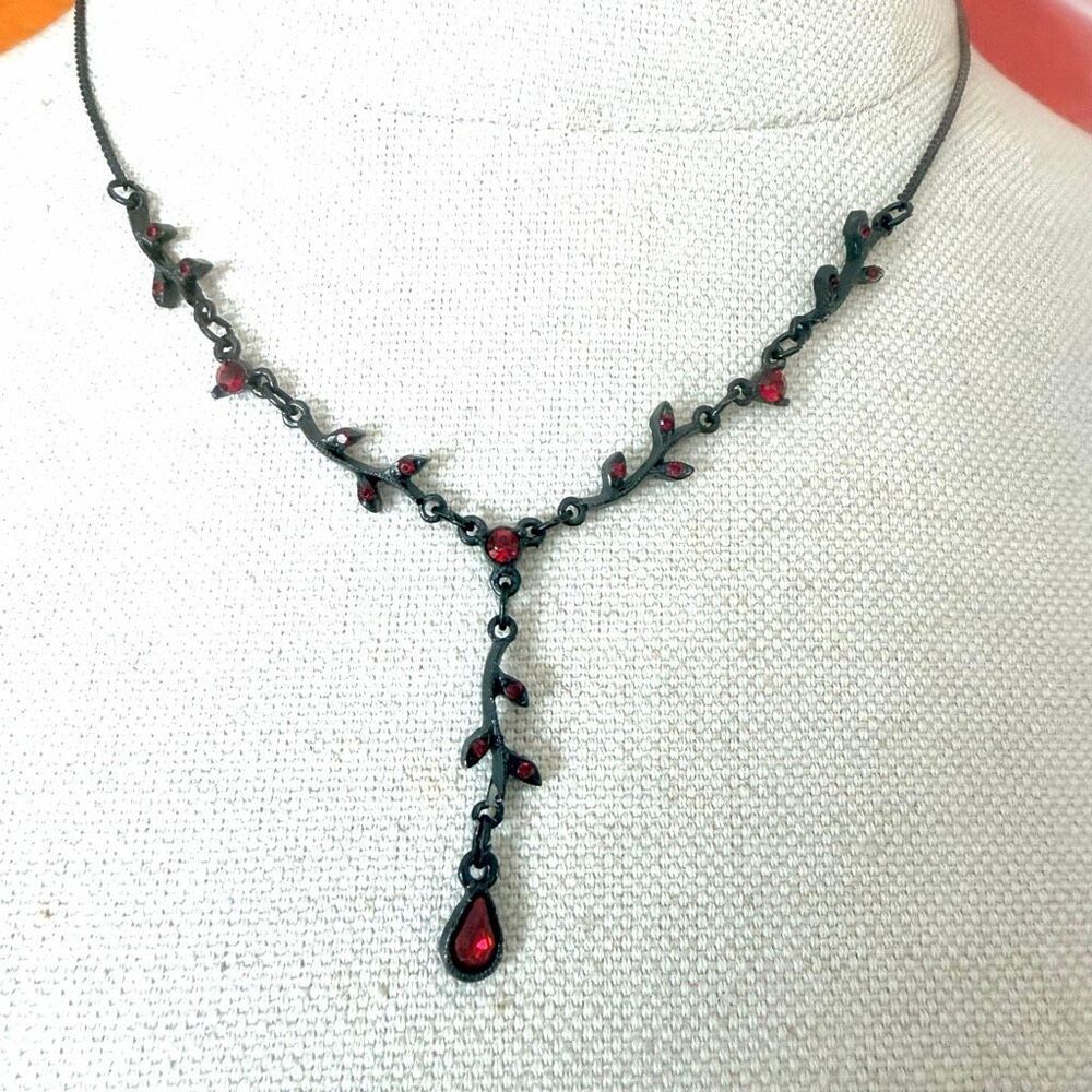 1928 Vintage Style Red Rhinestone Vine Y Drop Necklace